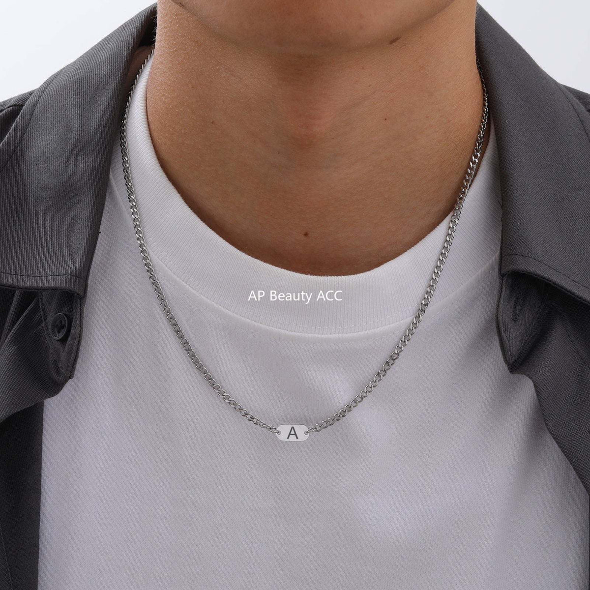 G廠-不鏽鋼磨鏈橢圓牌嘻哈小眾設計英文字母項鍊鋼色「NC-1898S」25.11-3