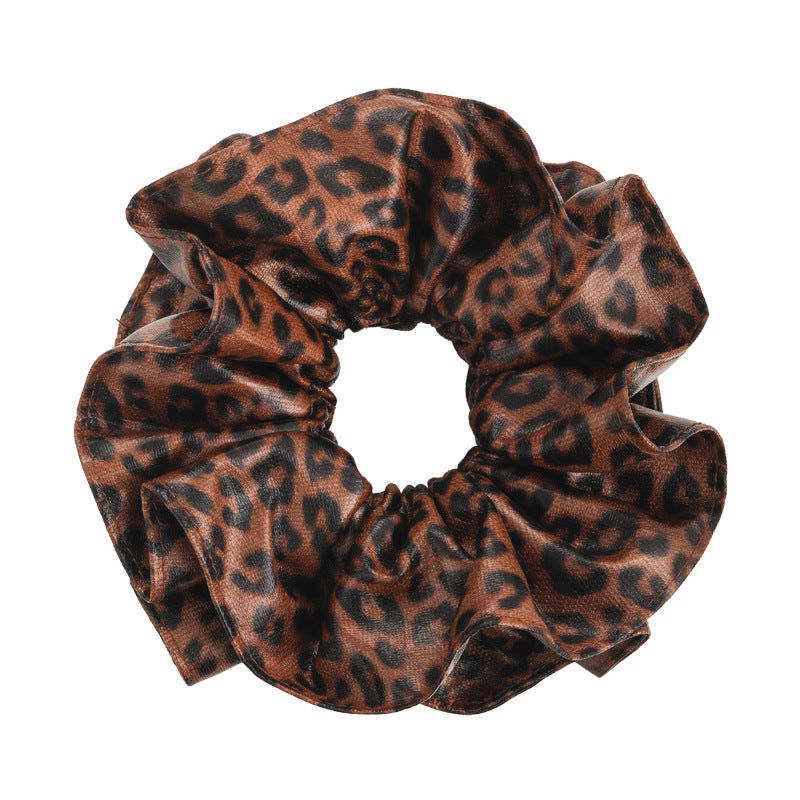 E廠-韓系咖色豹紋皮質大腸髮圈女高級感丸子頭超大號復古百搭髮飾頭繩「27657」25.11-2