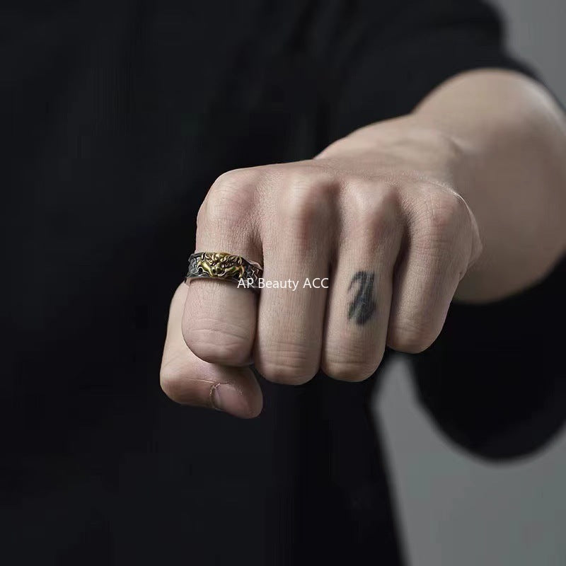 G廠-復古吞金獸戒指男潮個性創意感浮雕分金食指戒時尚小眾霸氣風指環「J2549」25.10-3