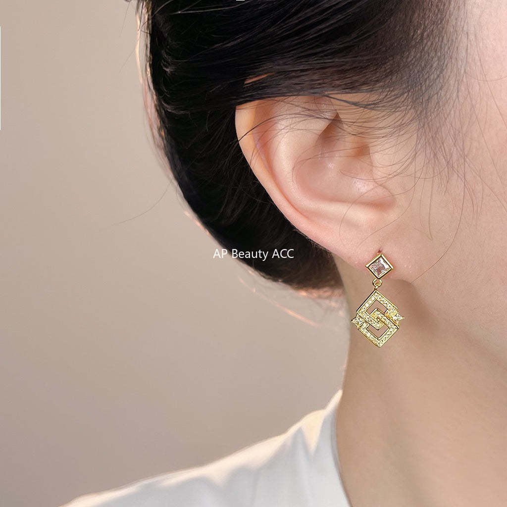 A廠-原創高級感時尚幾何微鑲鋯石方形輕奢風925銀針鍍14K耳飾工廠耳環「7197」25.12-1