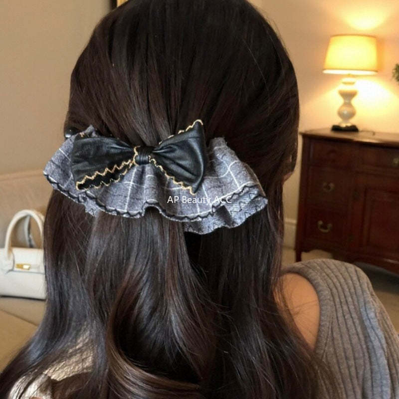 E廠-復古格紋學院風可露麗香蕉夾後腦勺蝴蝶結髮夾髮卡竪式高馬尾髮飾「27719」25.11-4