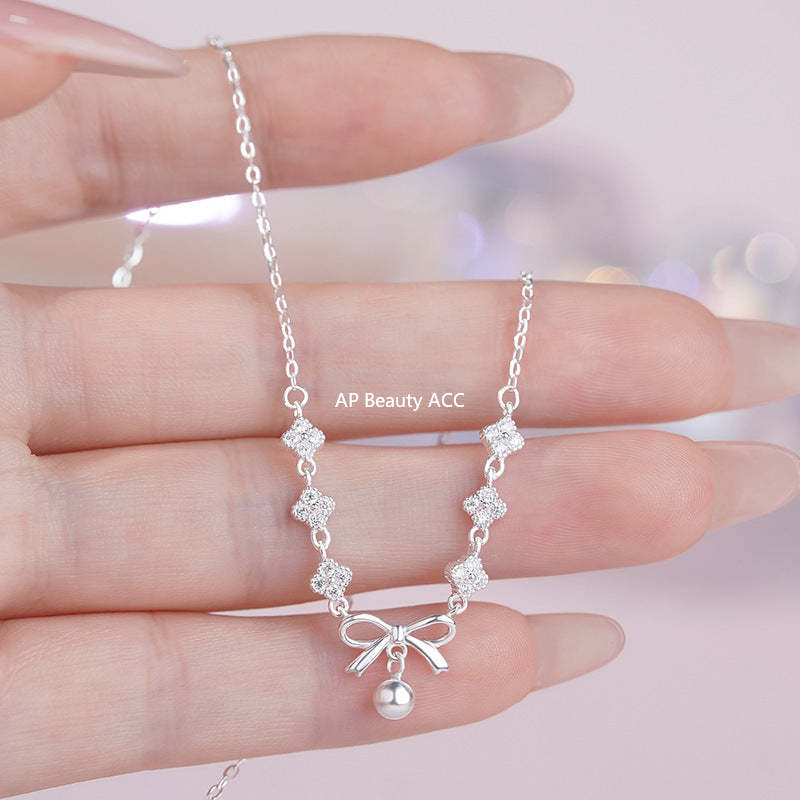 D廠-S999足銀淡雅四葉花蝴蝶結項鍊女甜美優雅氣質高級小眾鎖骨鏈「YC2220N_1」25.11-1