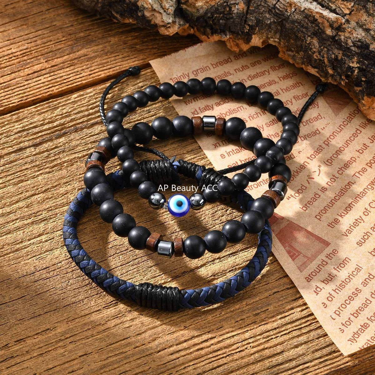 G廠-惡魔之眼黑瑪瑙串珠PU皮火山石串珠十字架三件套疊戴手鍊「BR-2751」25.10-5