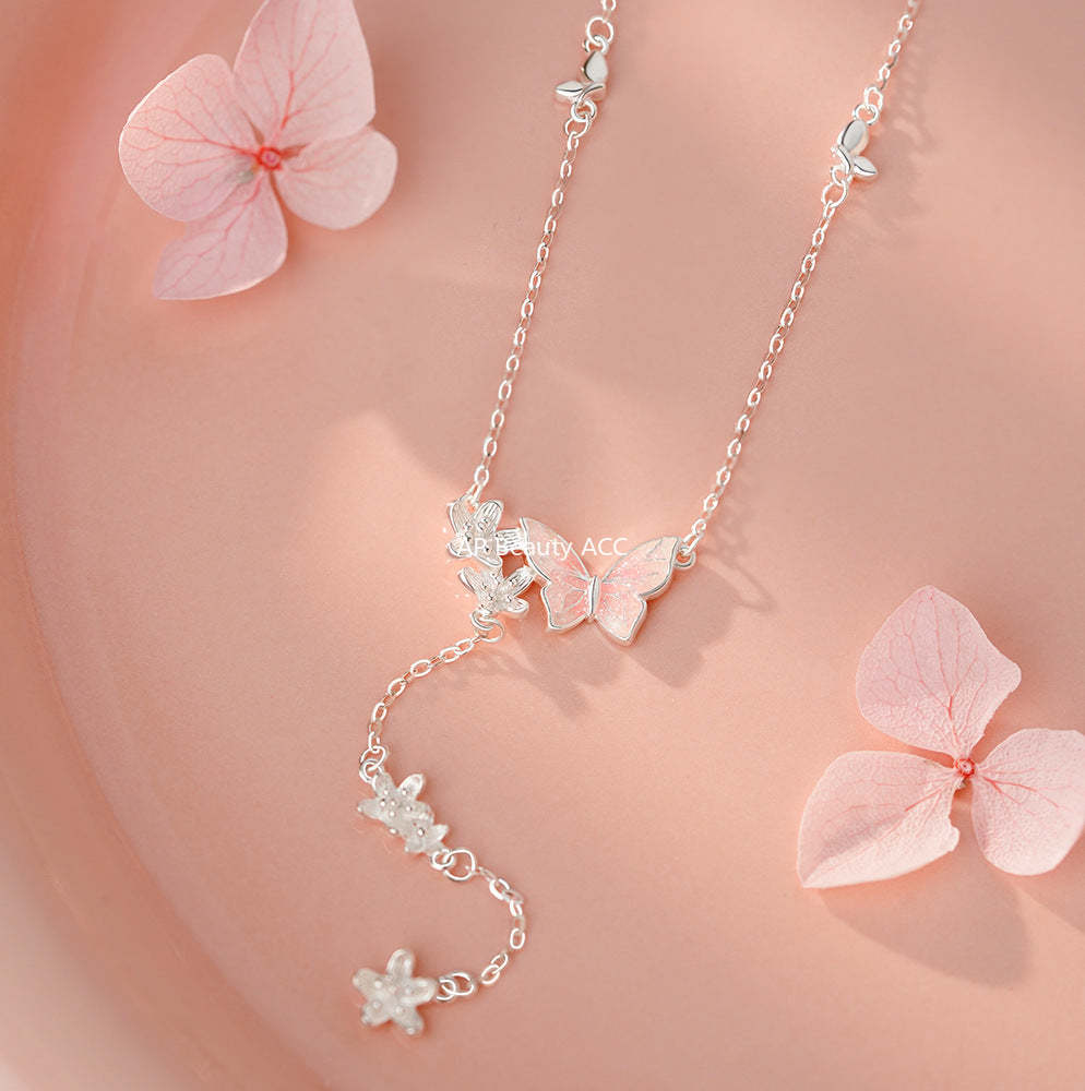 D廠-S999足銀滴膠蝴蝶花朵流蘇項鍊清新森系淡雅小眾顯瘦鎖骨鏈批發「YC2185N_1」25.11-4