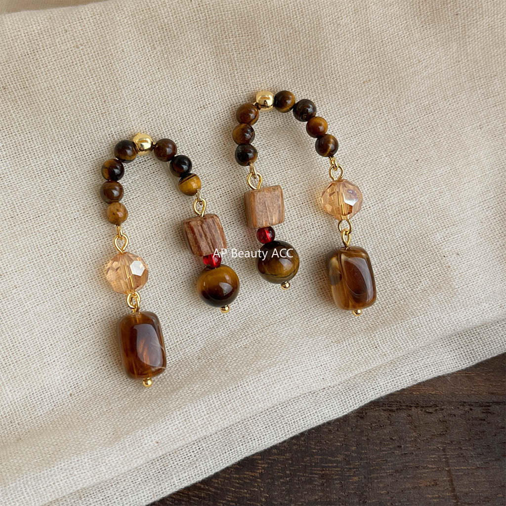 A廠-美拉德風原創手工藝設計感天然石虎眼石琥珀色復古文藝工廠耳環「7116」25.11-3