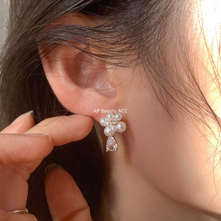C廠-法式輕奢鋯石耳環女氣質優雅高級感珍珠耳釘復古精緻時尚花朵耳飾「EH-4351」25.12-1