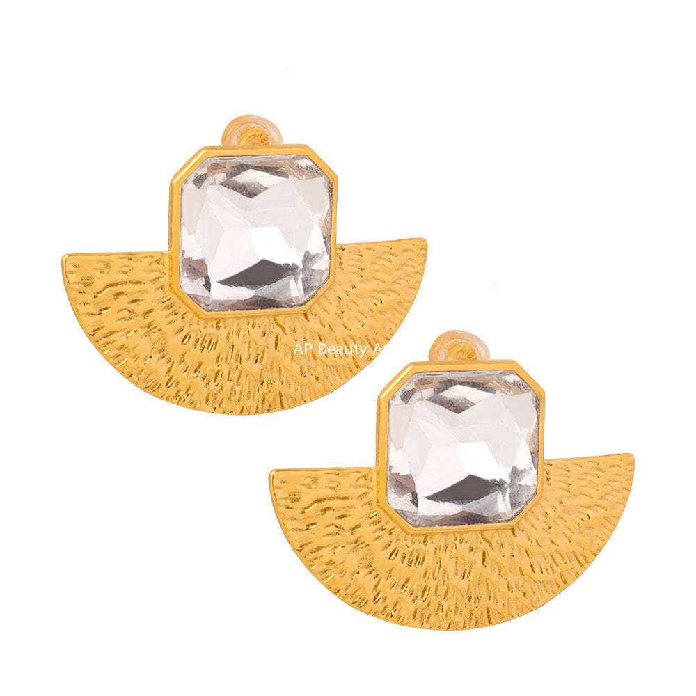 B廠-韓系小眾誇張鈦鋼玻璃石耳飾扇形火山紋理造型金色保色女個性項鍊「F1153-P1690」25.12-1