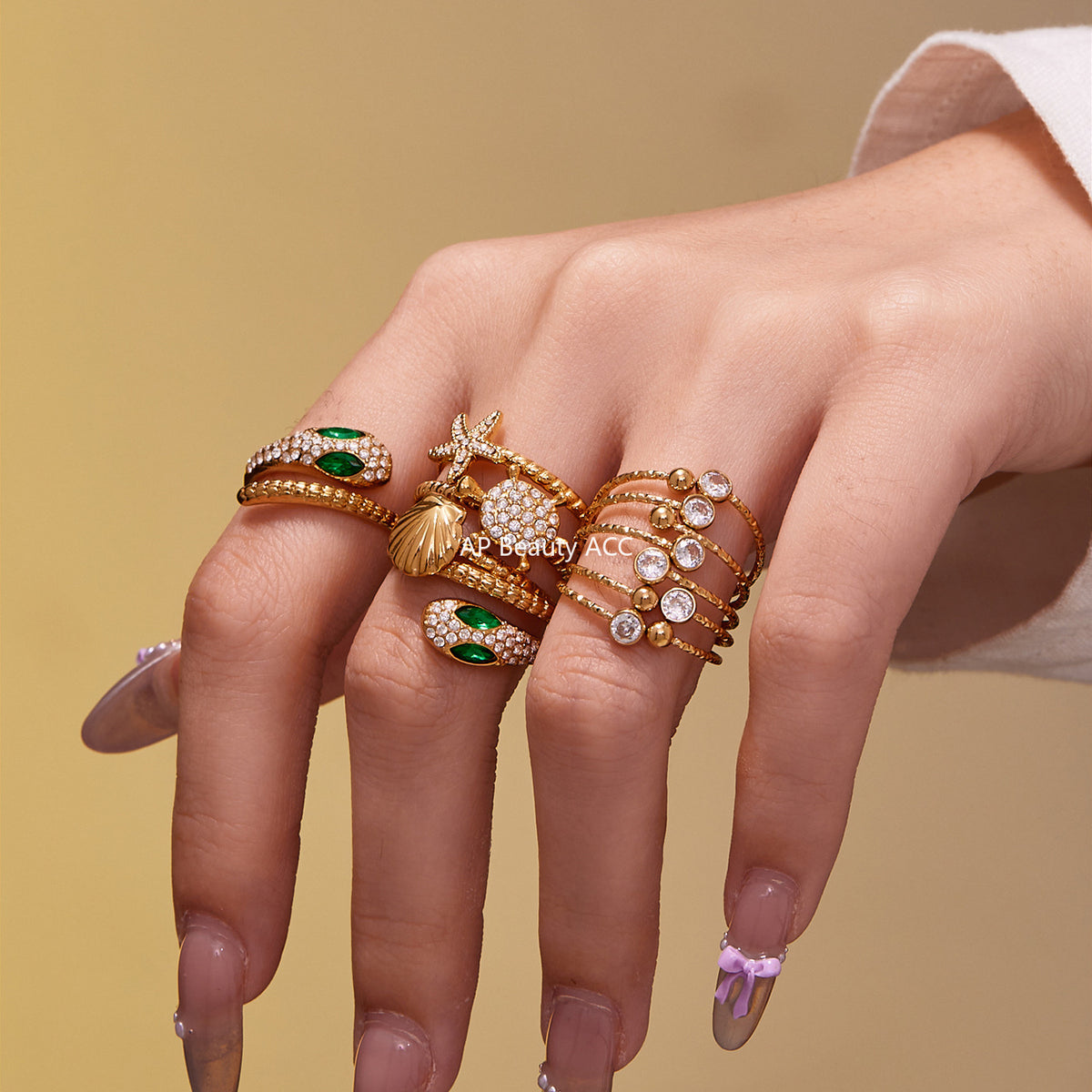 B廠-超閃5A鋯石蛇形開口戒指尾戒不鏽鋼鍍18k真金簡約時尚飾品「A659」25.11-1