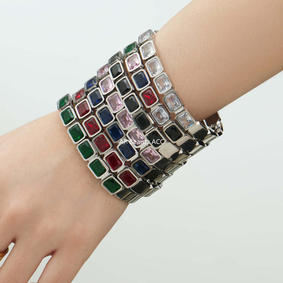 B廠-不鏽鋼方形彩色玻璃石手鐲ins小眾設計歐美潮酷飾品鍍18k金不掉色「Z518」25.12-2