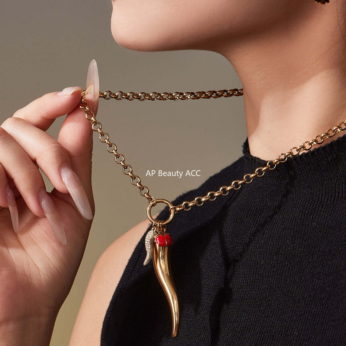 B廠-不鏽鋼大小辣椒鋯石項鍊 鍍18k金ins歐美百搭個性鎖骨鏈「P1094」25.11-3