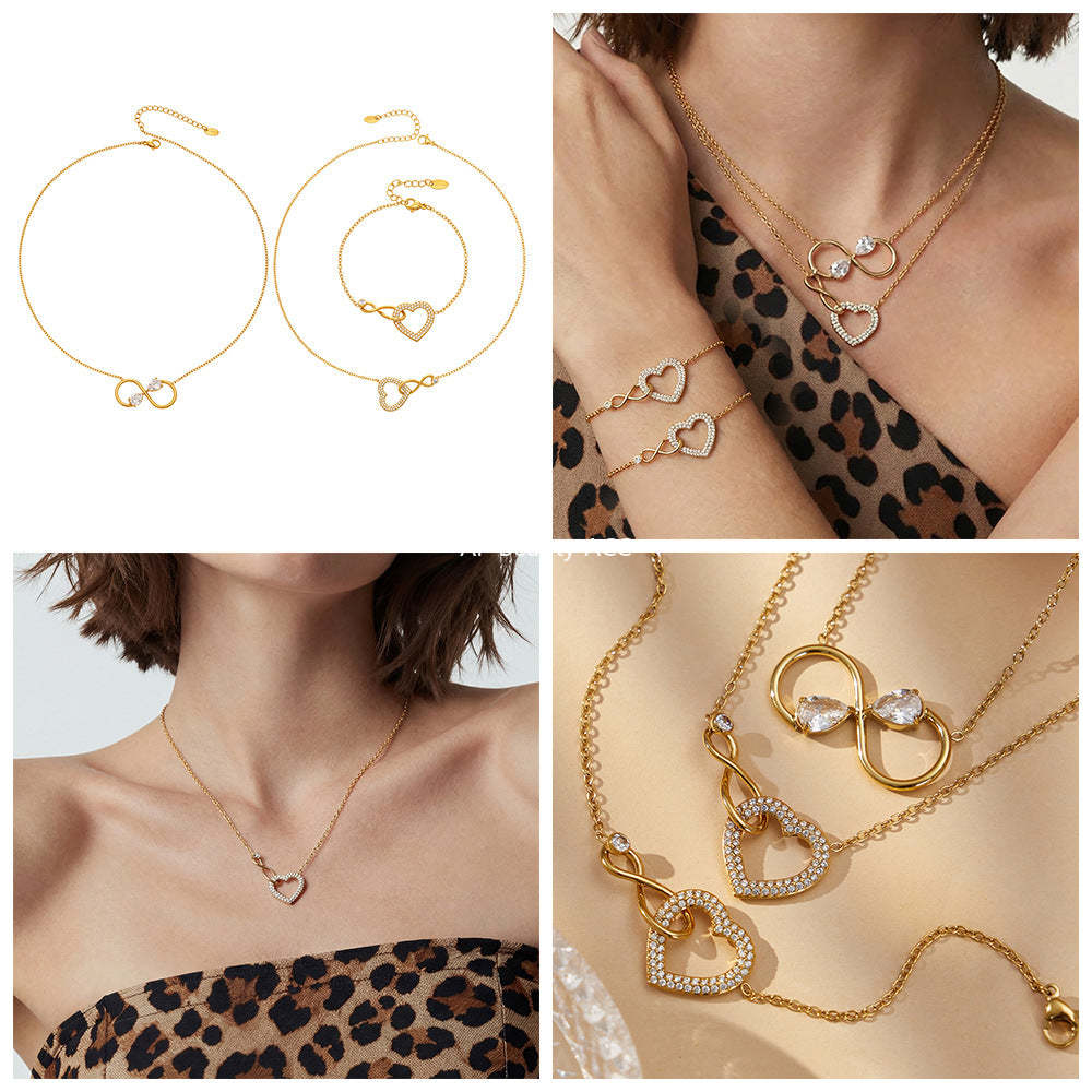 B廠-不鏽鋼滿鑽超閃愛心8字交叉項鍊手鍊套裝歐美風時尚飾品鍍18k真金「TXP529」25.12-3