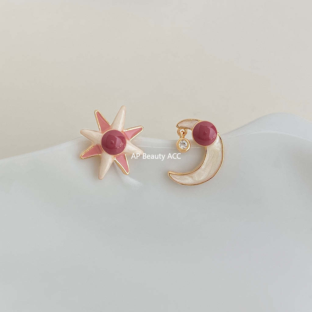 A廠-原創八芒星月亮~925銀針不對稱設計清新甜美學院風新款耳飾耳環女「7043」25.11-1