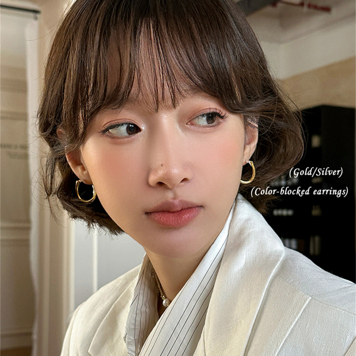 C廠-925銀針金銀撞色雙層疊戴耳環女小眾設計感輕奢時尚耳環精緻耳飾「EH-4012」25.09-2