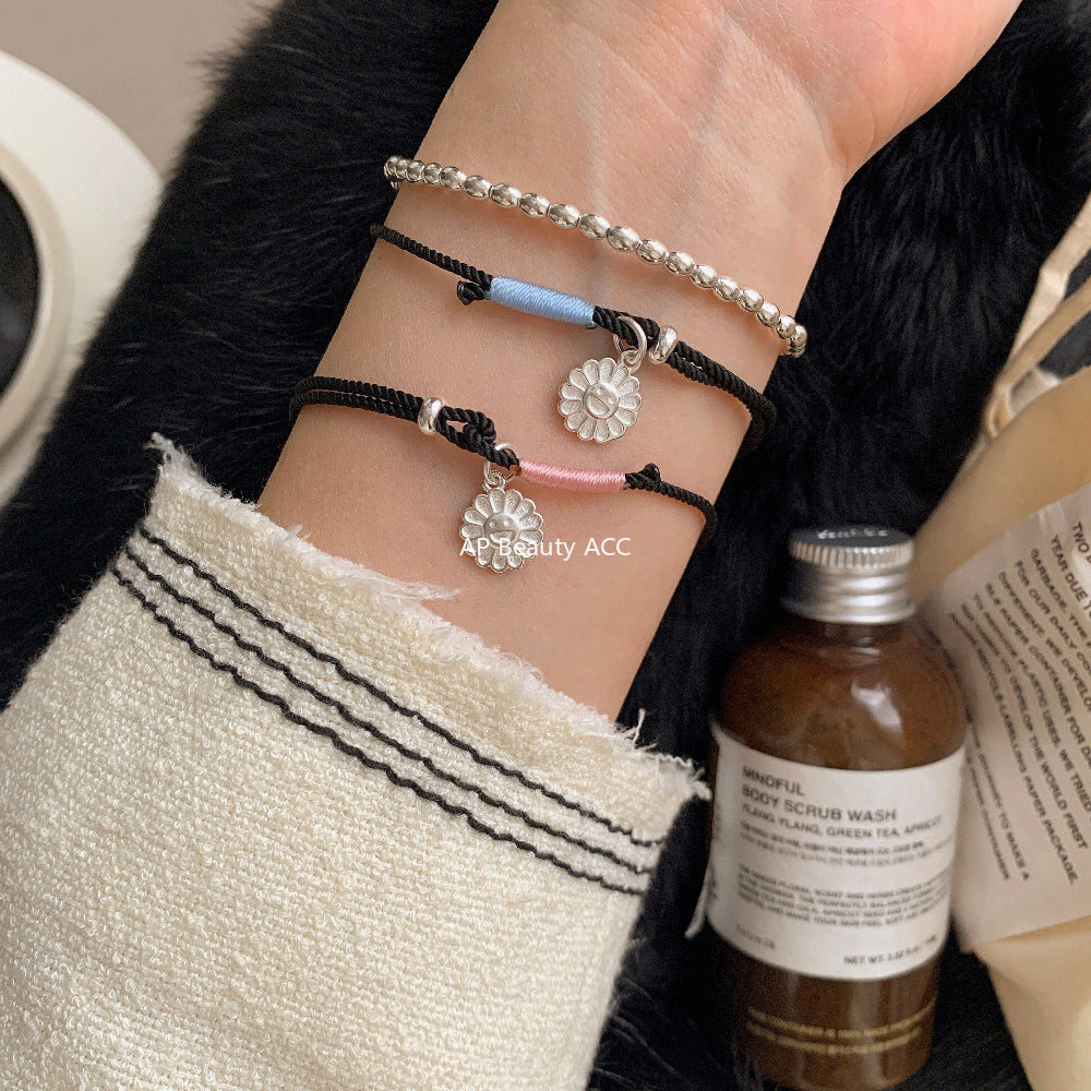 C廠-韓國東大門太陽笑臉花朵手工編織可調節編繩S925純銀手鍊「1538」25.11-2