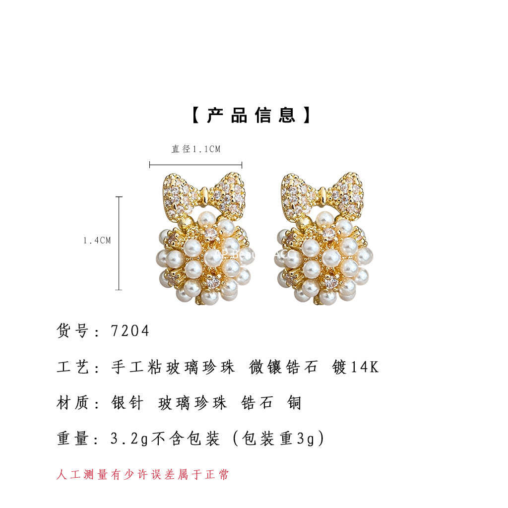 A廠-時尚高級感小香風s925銀針微鑲鋯石蝴蝶結幾何清新甜美耳環女「7204」25.12-2