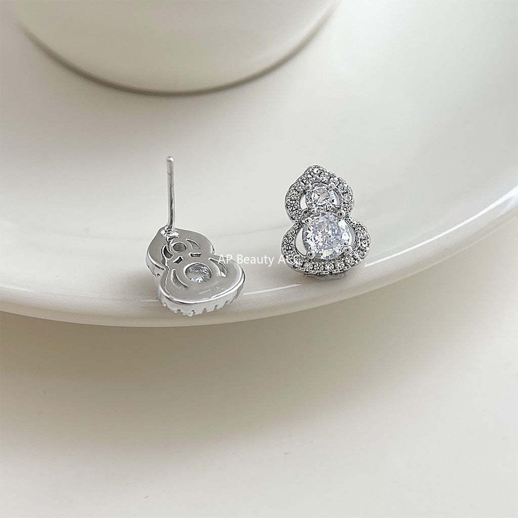 A廠-小眾設計微鑲鋯石葫蘆 925銀針耳環氣質簡約時尚通勤個性百搭耳飾「7199」25.12-1