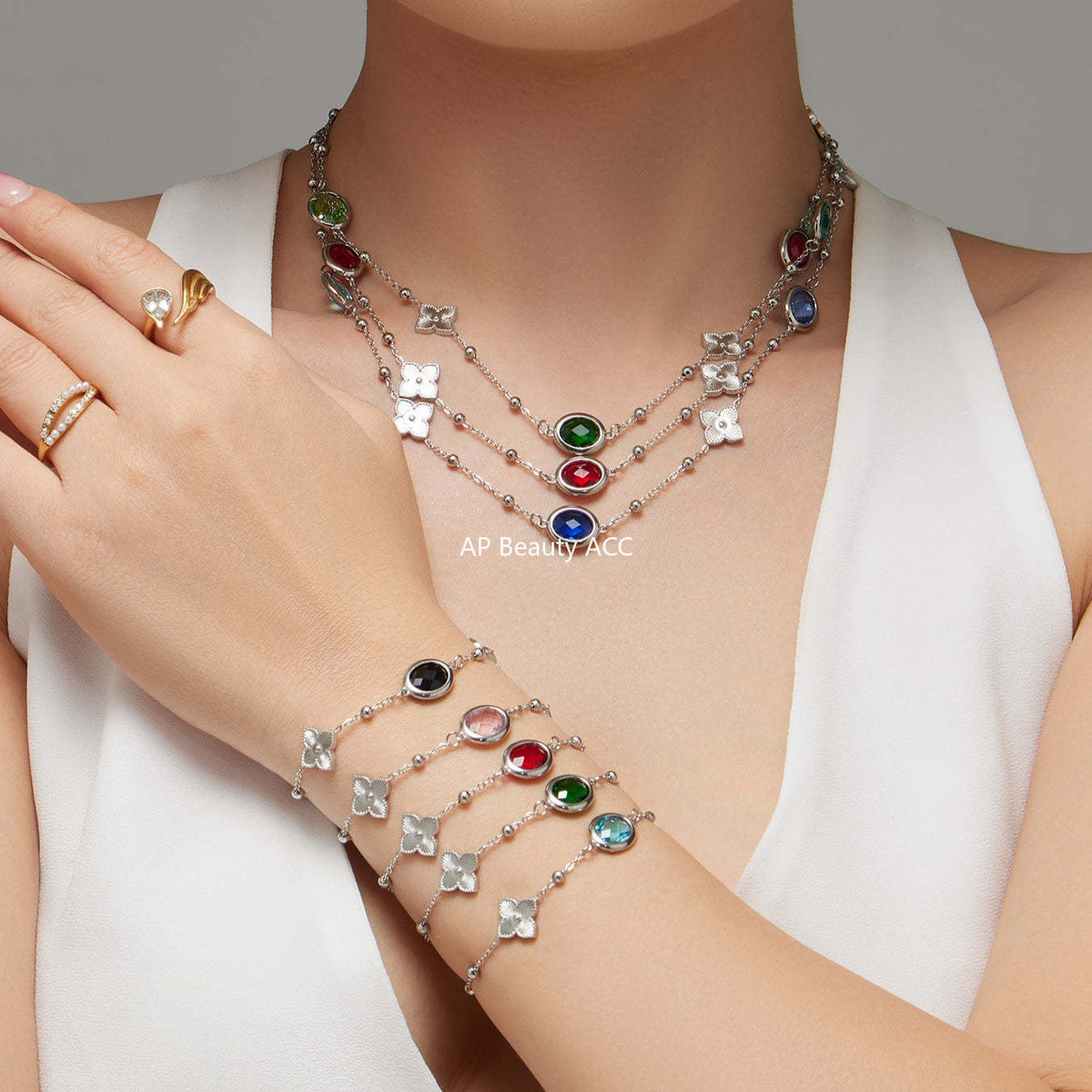 B廠-不鏽鋼十字夾珠鏈橢圓包邊切面玻璃石項鍊耳環首飾套裝鍍18k真金「TXP506」25.12-1