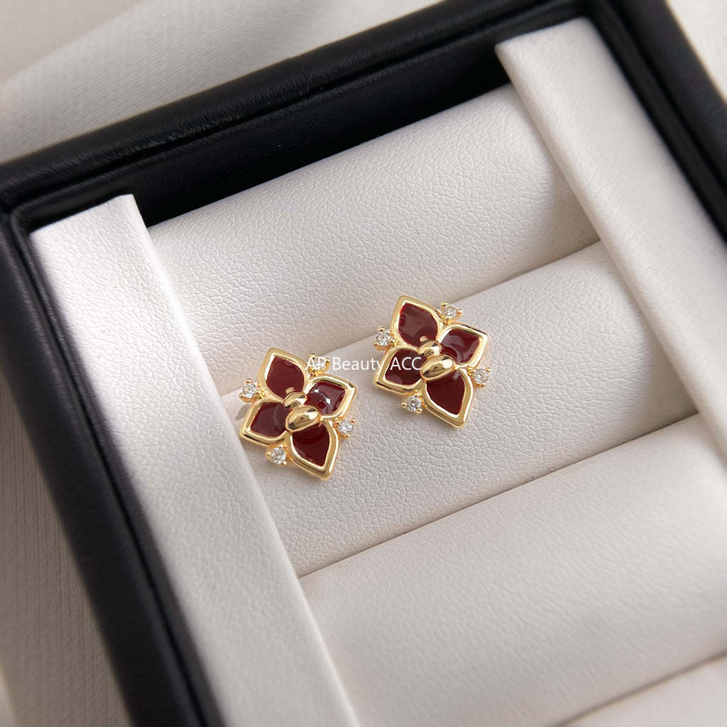 A廠-福祿~葫蘆原創設計925銀針微鑲鋯石琺瑯滴釉酒紅色芒星耳釘耳飾女「6988」25.10-5