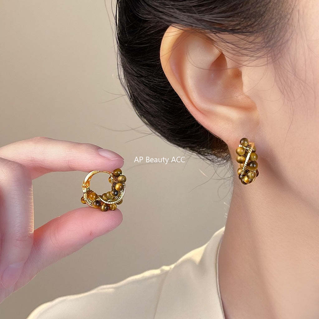 A廠-爆款虎眼石美拉德風時尚高級感手工幾何麻花圓形耳環文藝復古耳飾「7149」25.11-4