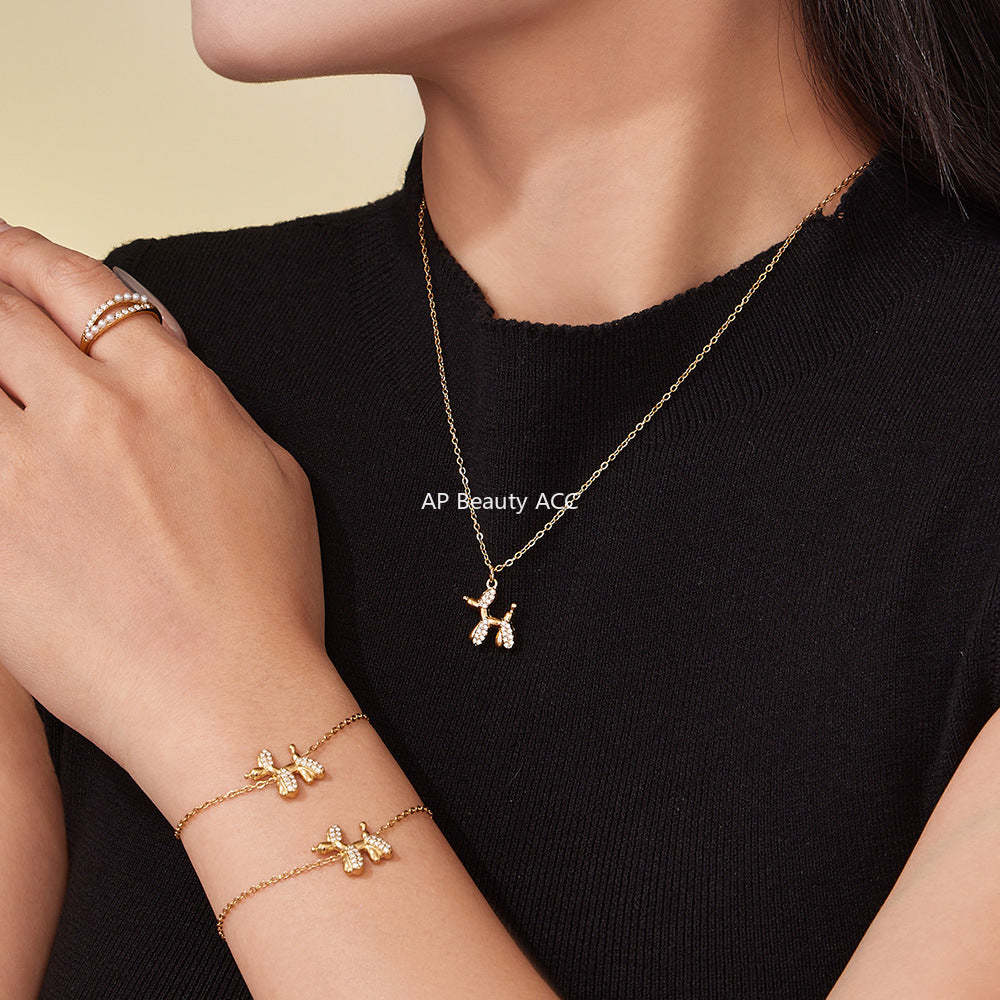 B廠-微鑲鋯石氣球狗可愛吊墜項鍊女士時尚輕奢個性鎖骨鏈不鏽鋼「TXP469」25.11-3