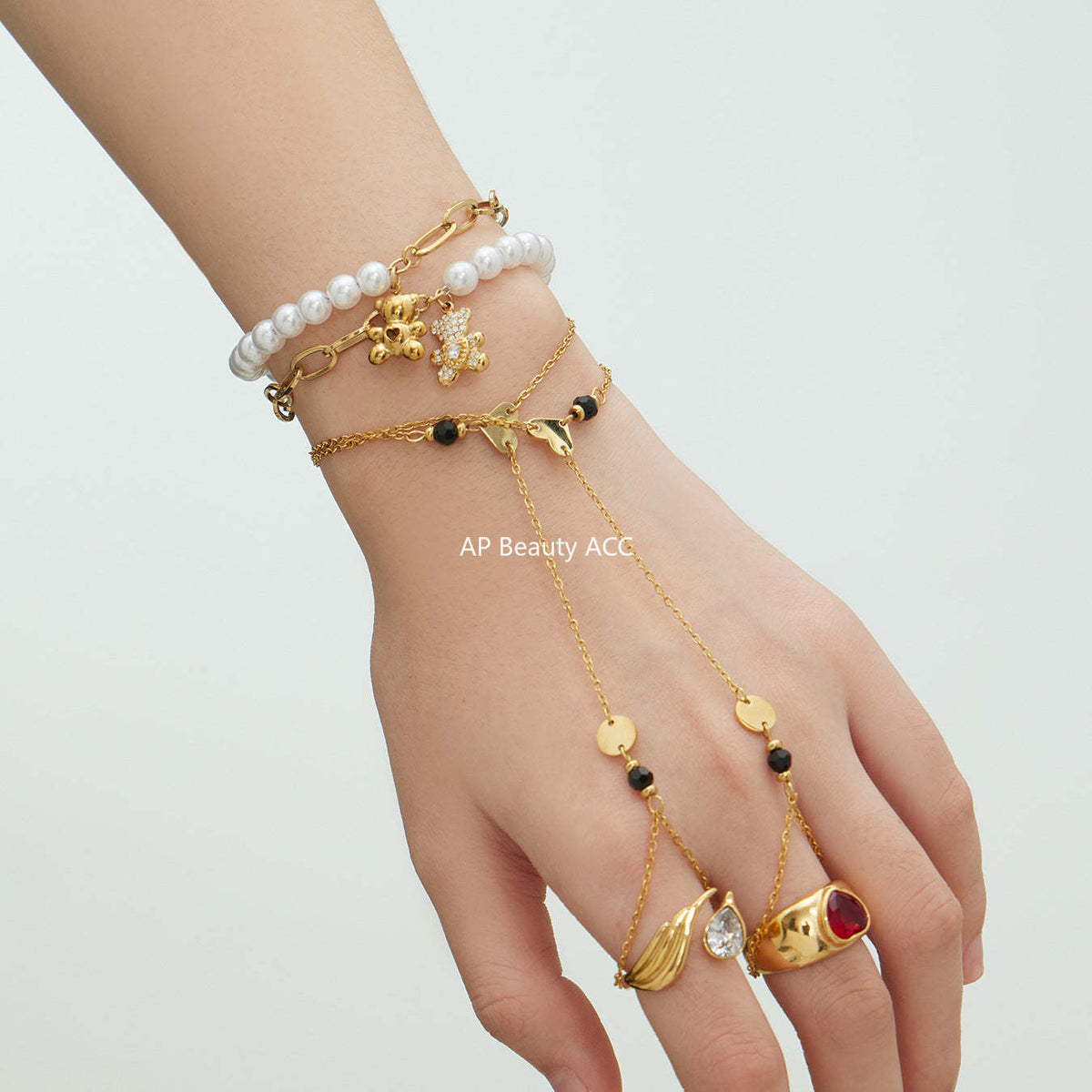 B廠-不鏽鋼愛心小熊鑲鋯石吊墜手工貝珠手鍊手指鏈組合手上鍍18k真金「E153-E162」25.12-3