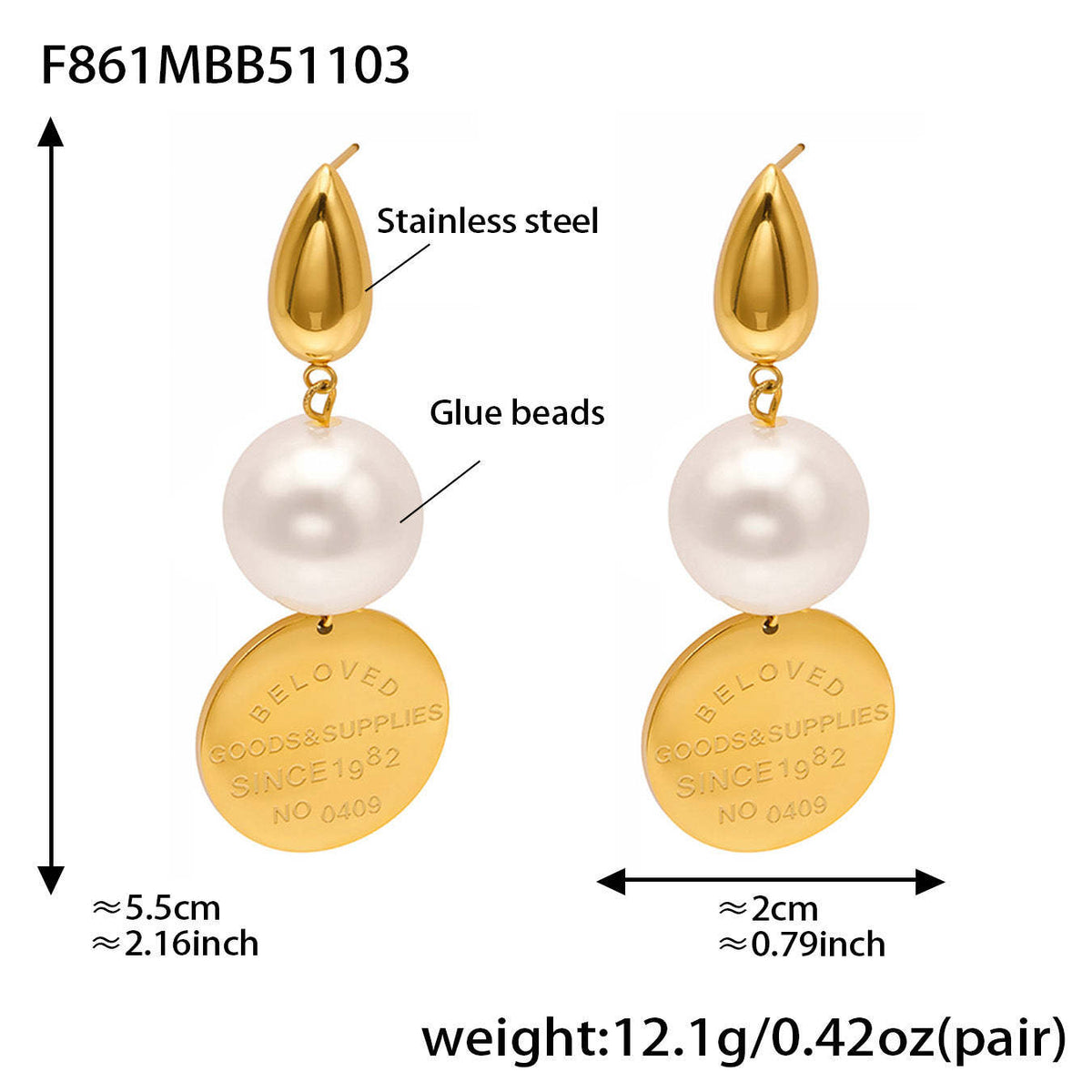 B廠-不鏽鋼圓牌字母大膠珠吊墜耳環跨境小眾設計耳飾鍍18k真金不掉色「F860-F861」25.12-2