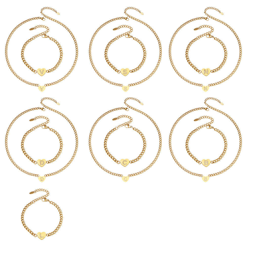 B廠-不鏽鋼愛心字母鑲嵌鋯石吊墜項鍊手鍊套裝 歐美個性首飾鍍18k真金「RP021」25.12-1