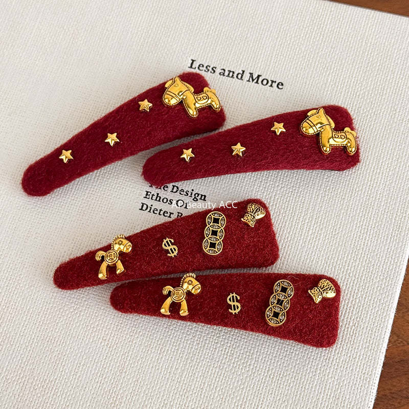 E廠-馬上有錢花新年紅色喜慶髮夾高級設計感豹紋側邊瀏海碎髮BB夾髮卡「27821」25.12-3