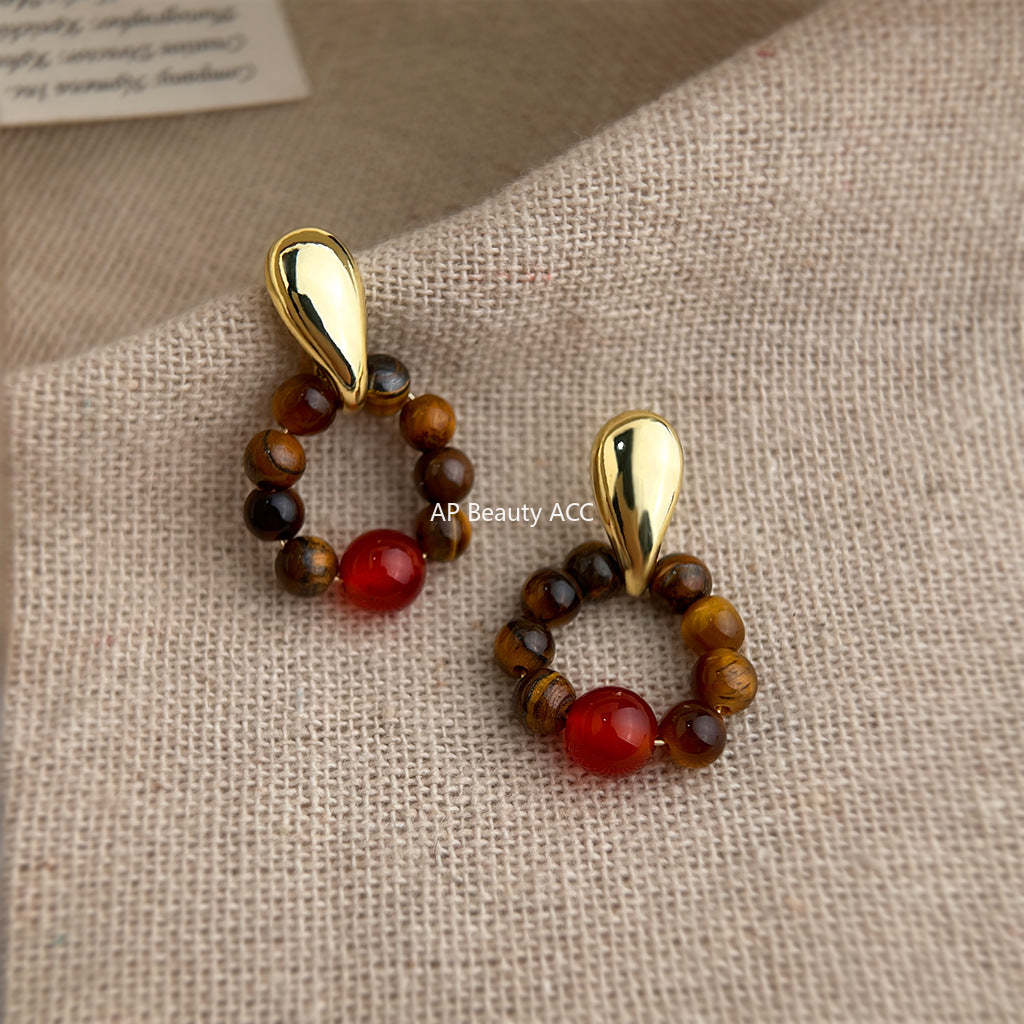 A廠-文藝復古時尚高級感天然石虎眼石幾何圓形氣質耳飾工廠耳環飾品女「7230」25.12-3