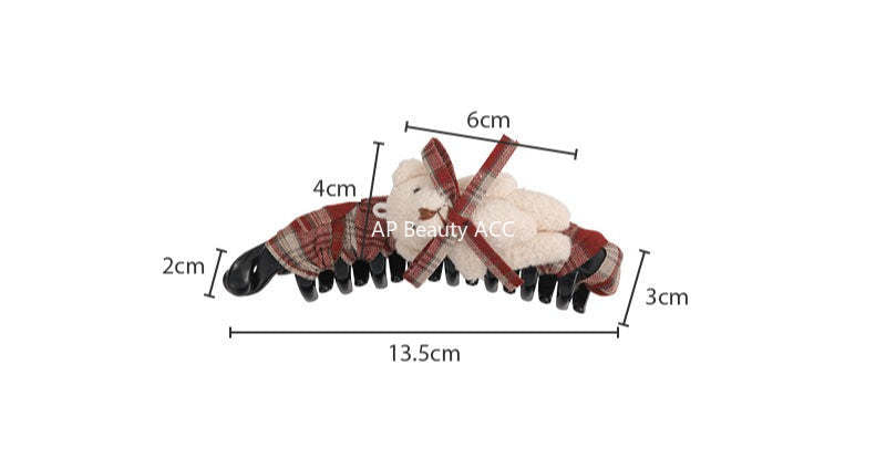 E廠-美拉德格紋布藝蝴蝶結玩偶小熊香蕉夾髮夾竪夾大號馬尾夾韓版髮飾「27722」25.11-4