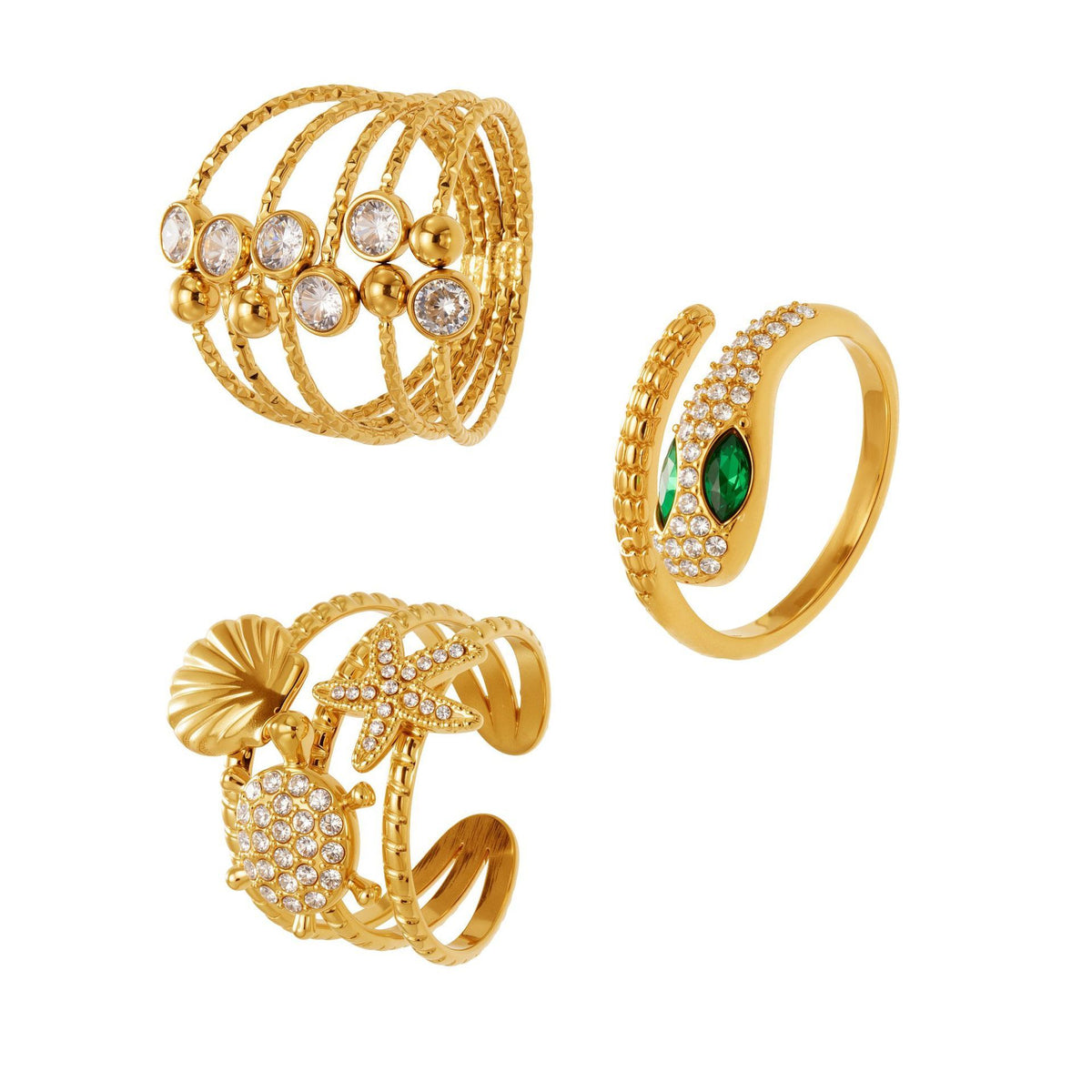 B廠-超閃5A鋯石蛇形開口戒指尾戒不鏽鋼鍍18k真金簡約時尚飾品「A659」25.11-1