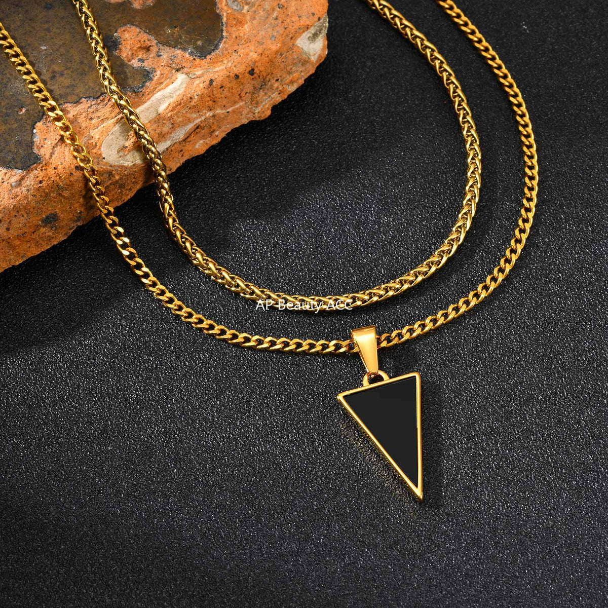 G廠-不鏽鋼潮流玩家極簡主義者三角形黑瑪瑙吊墜鋼色疊戴自由「PN-2201」25.11-2