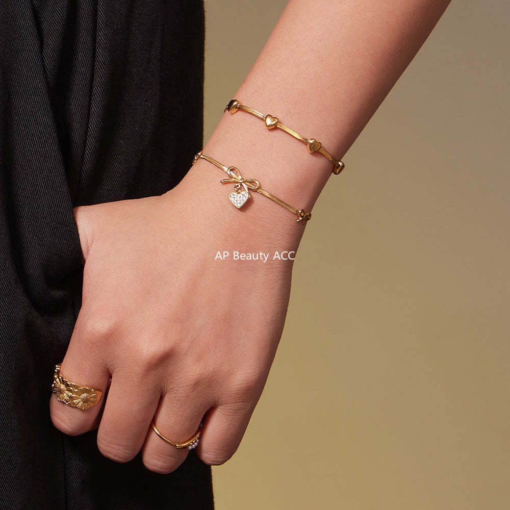 B廠-不鏽鋼蝴蝶結愛心鋯石滿鑽吊墜刀片鏈手鍊項鍊首飾套裝鍍18k真金「TXP499」25.11-4