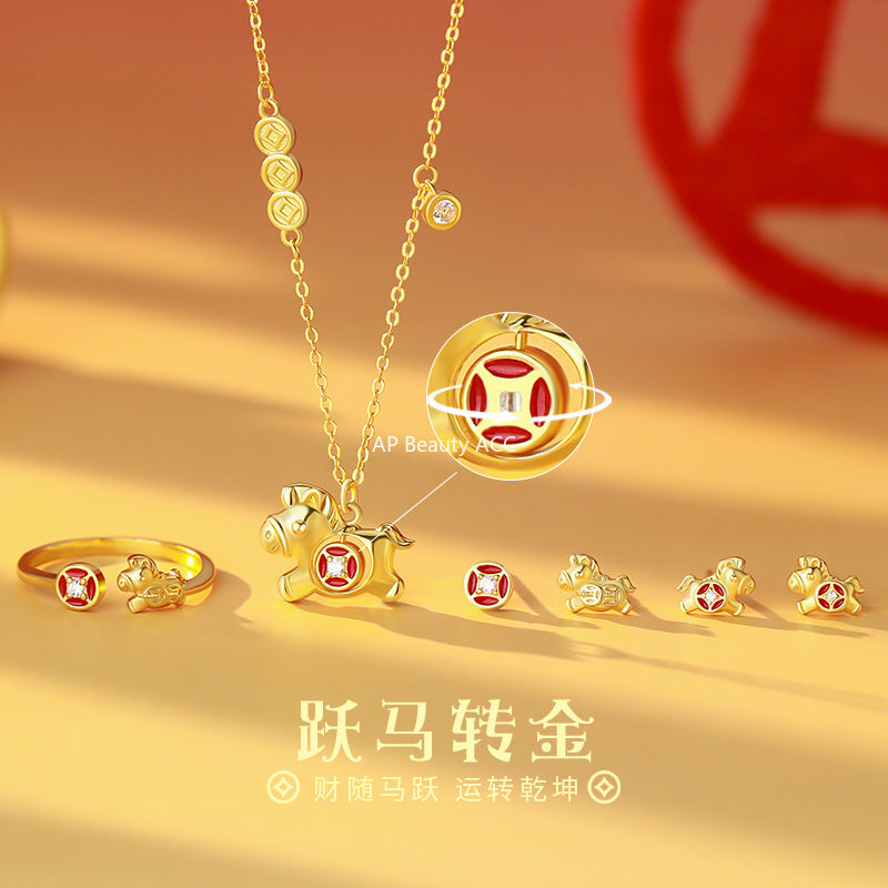 D廠-原創S999足銀小馬錢幣項鍊復古輕奢躍馬轉金耳環戒指本命年首飾批發「YC3989E_1 YC10302E_1 YC2294N_1」25.11-2