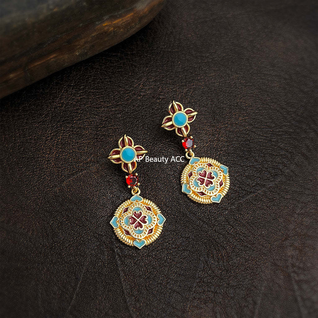 A廠-原創設計新中式民族風925銀針琺瑯滴釉彩繪文藝復古高級感耳飾 耳環「7038」25.11-1