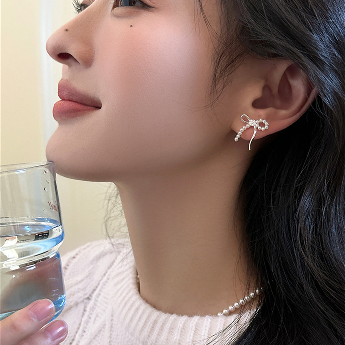 C廠-甜美珍珠蝴蝶結耳釘女森系百搭玫瑰花銀針耳環輕奢高級感氣質耳飾「EH-3586」25.05-2