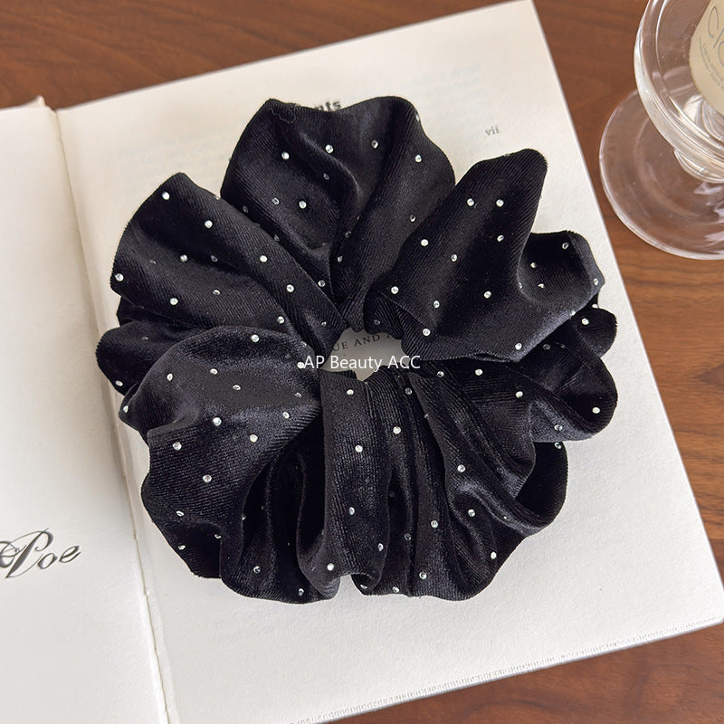 E廠-秋冬高級感韓系黑色絲絨燙鑽大腸髮圈百搭實用馬尾髮繩復古髮飾女「27641」25.11-1