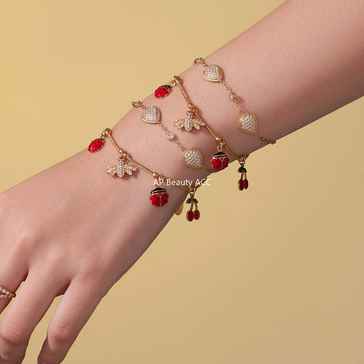 B廠-超閃5A鋯石蜜蜂昆蟲DIY多吊墜手鍊可愛櫻桃不鏽鋼材質飾品「E130-E160」25.10-5