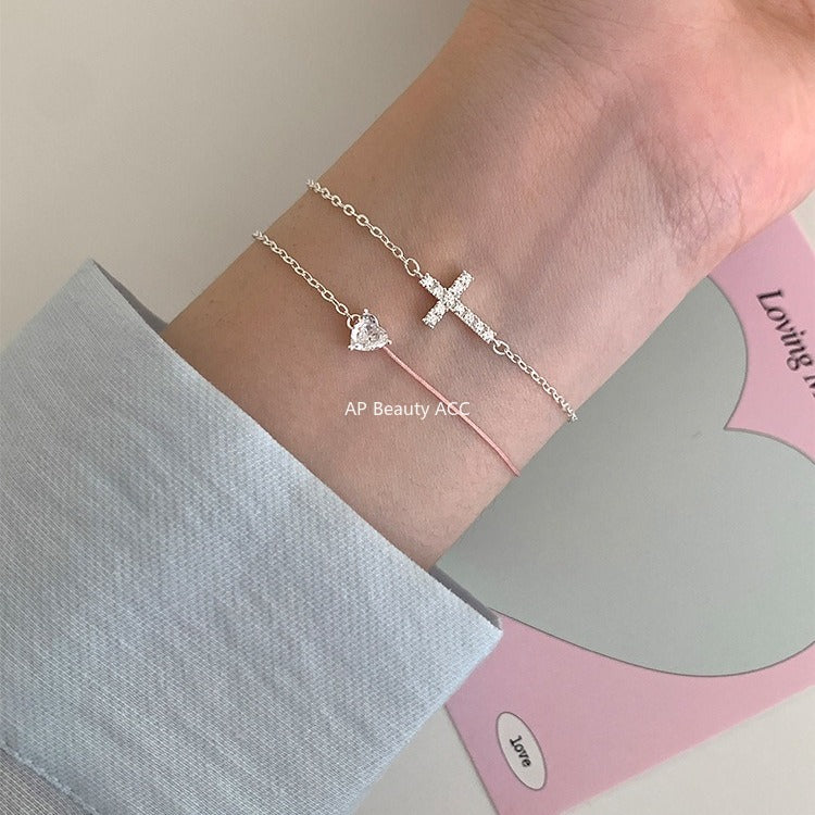 C廠-輕奢小眾愛心鋯石手鍊女高級感潮流十字架純銀手飾百搭冷淡風飾品「SL-487」25.11-1