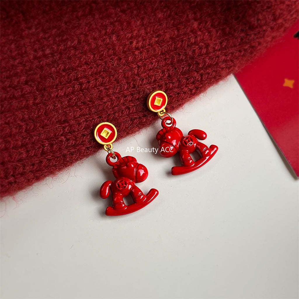 A廠-馬上有錢 馬年新年款木馬吉祥新款個性新中式耳環工廠飾品小紅馬耳飾「7207」25.12-2