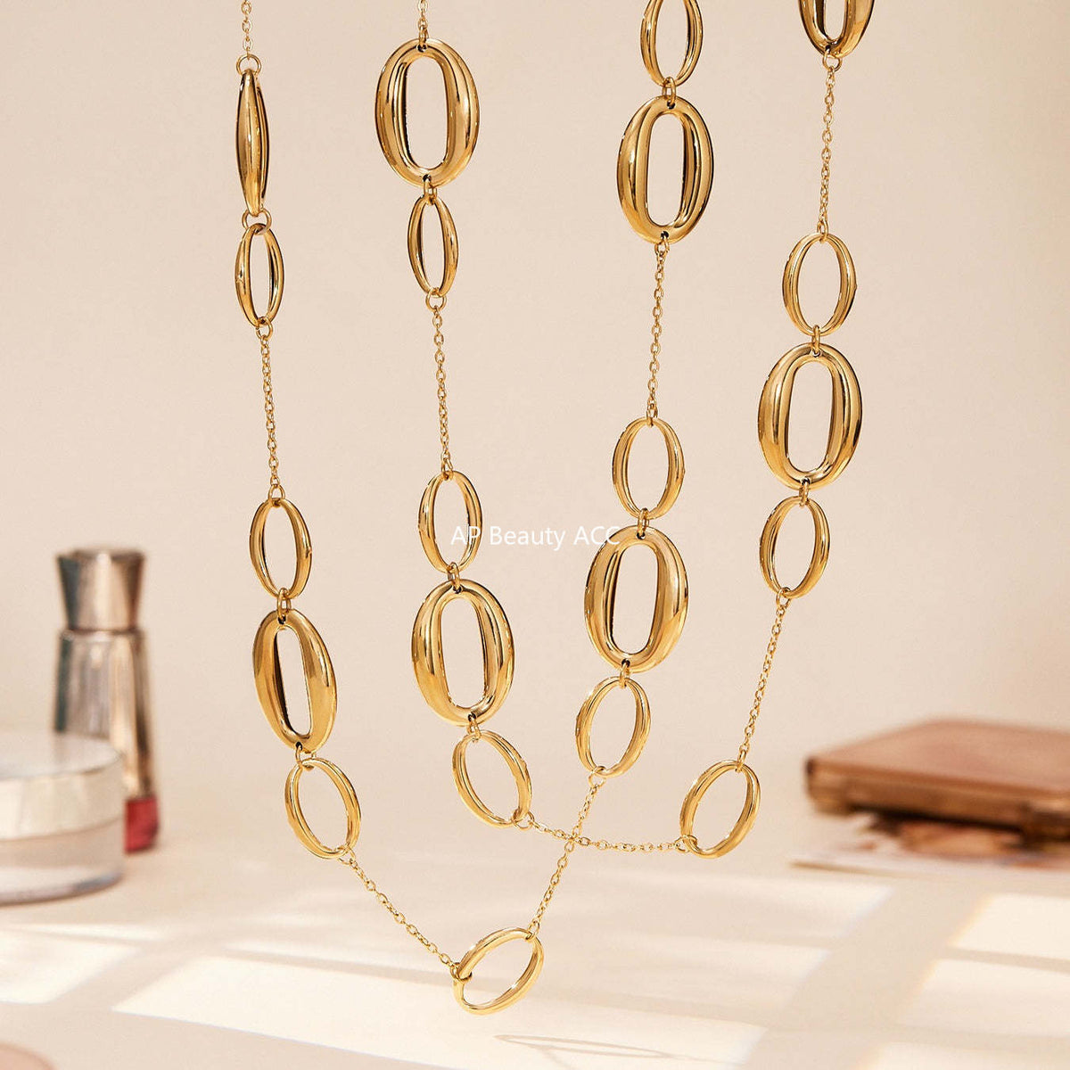 B廠-不鏽鋼幾何長款項鍊 鍍18k金ins歐美時尚百搭O字拼接毛衣「M084」25.11-3