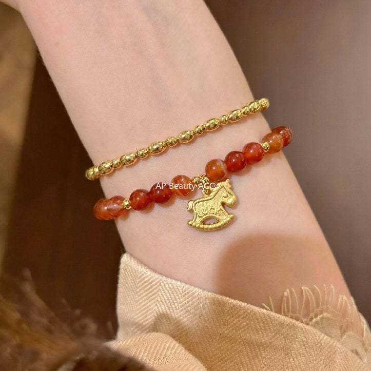 C廠-luck小木馬S925純銀小馬紅瑪瑙米珠手鍊S925純銀手鍊女士2026馬年「1652」25.12-3