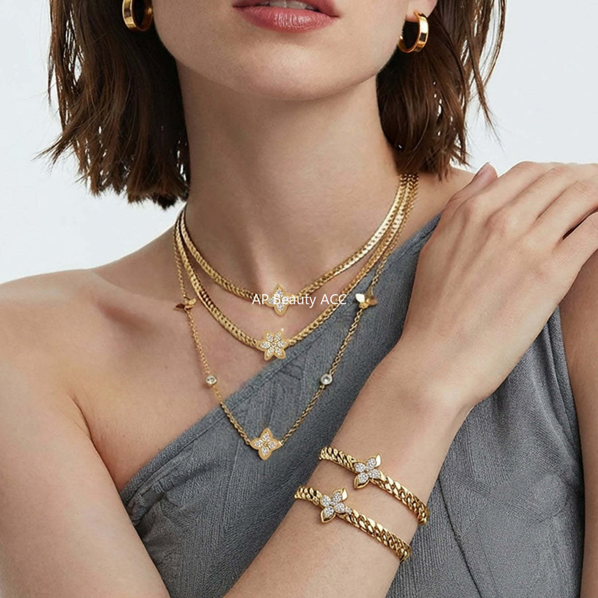 B廠-不鏽鋼超閃5A鋯石花朵吊墜項鍊手鍊INS小眾設計歐美熱銷新款飾品「TXP525」25.12-3