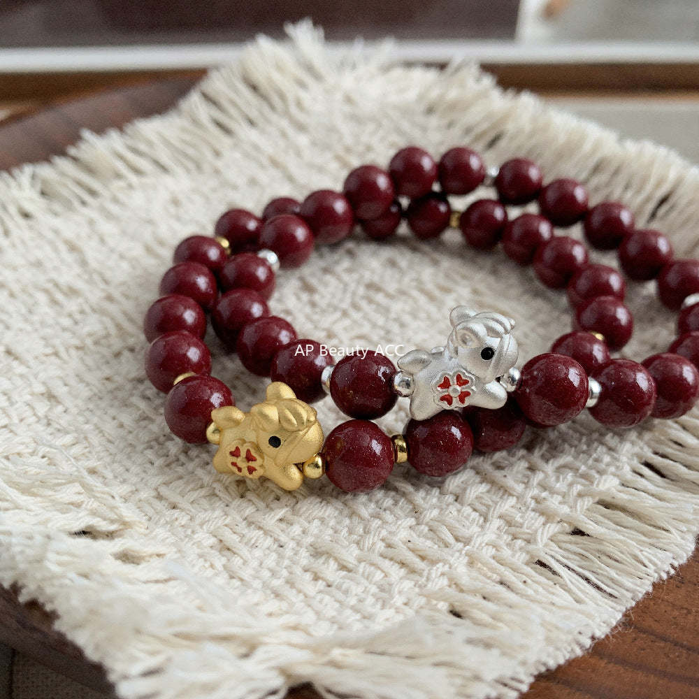 C廠-高含量天然朱砂手鍊女本命年屬馬生肖馬年琺瑯四葉草紫金砂手串「1638」25.12-3