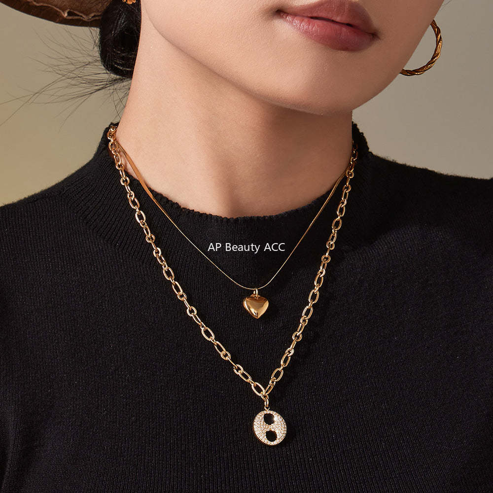 B廠-不鏽鋼雙層疊戴愛心豬鼻子鋯石項鍊 鍍18k金歐美百搭項飾「P100」25.11-3