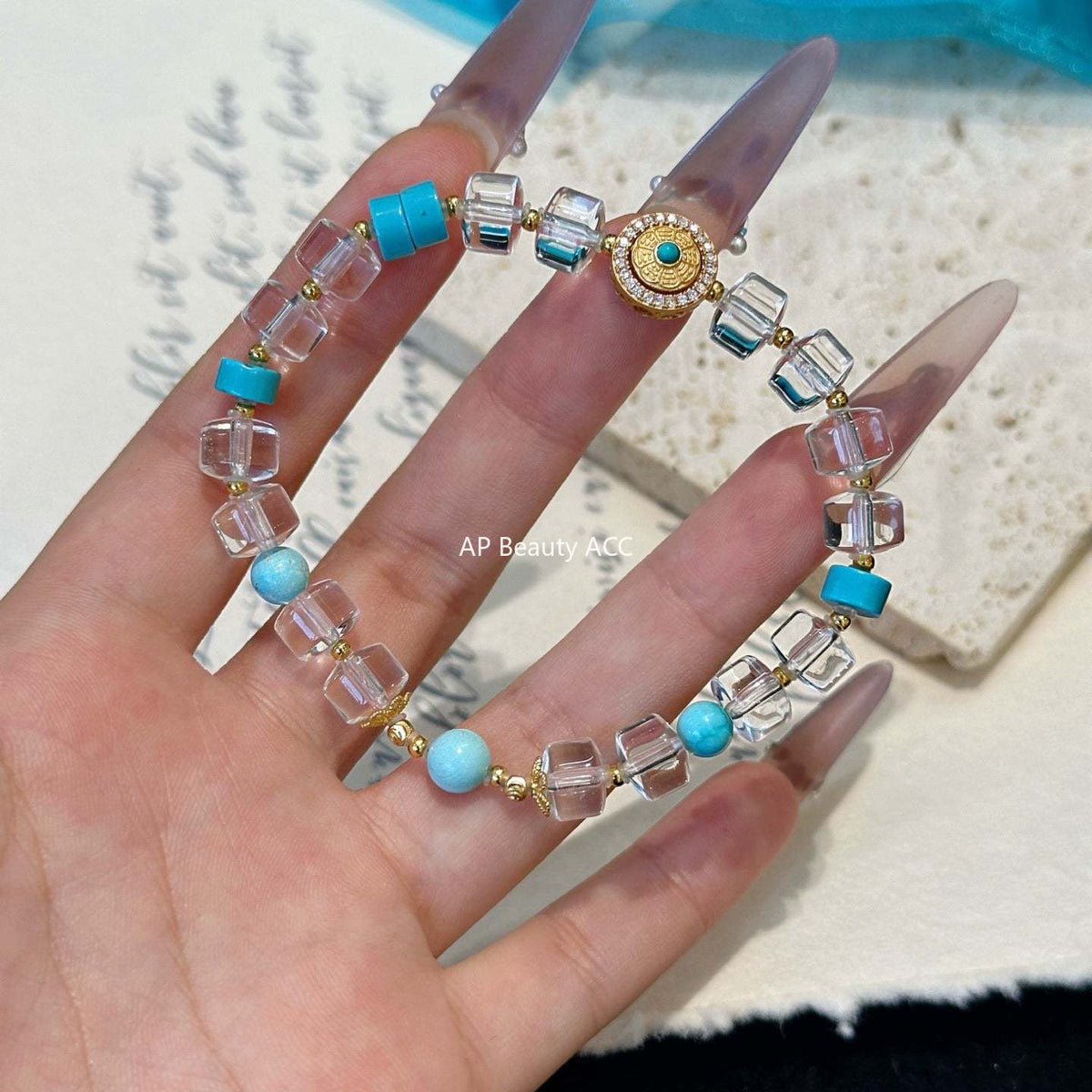 AS廠-時尚天然白水晶手鍊新款百搭綠松石設計925銀手鍊「l2927」25.10-4