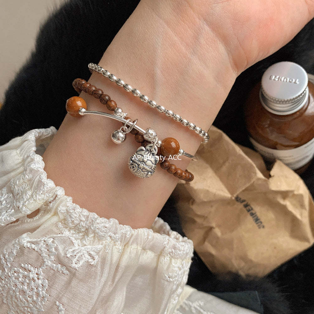 C廠-古風招財貓菩提金絲楠木S925純銀手鍊通體銀「1531」25.11-3