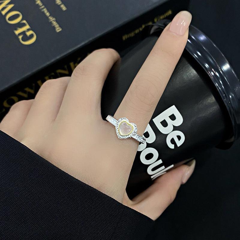 D廠-S925純銀重工唐草紋白玉髓愛心戒指女時尚復古甜酷風指環「YC5364R」24.01-4