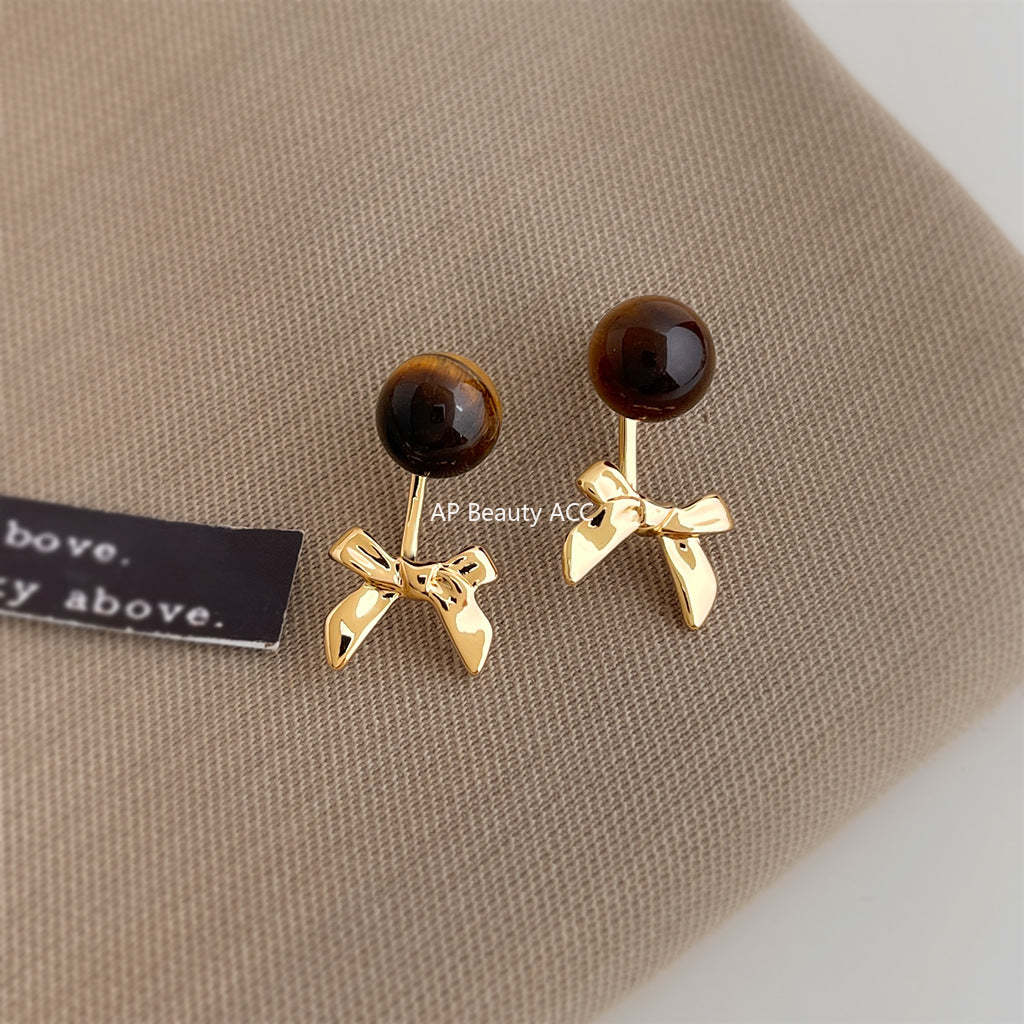 A廠-時尚高級感一款兩戴天然石虎眼石蝴蝶結耳環女文藝復古美拉德耳飾「7210」25.12-2