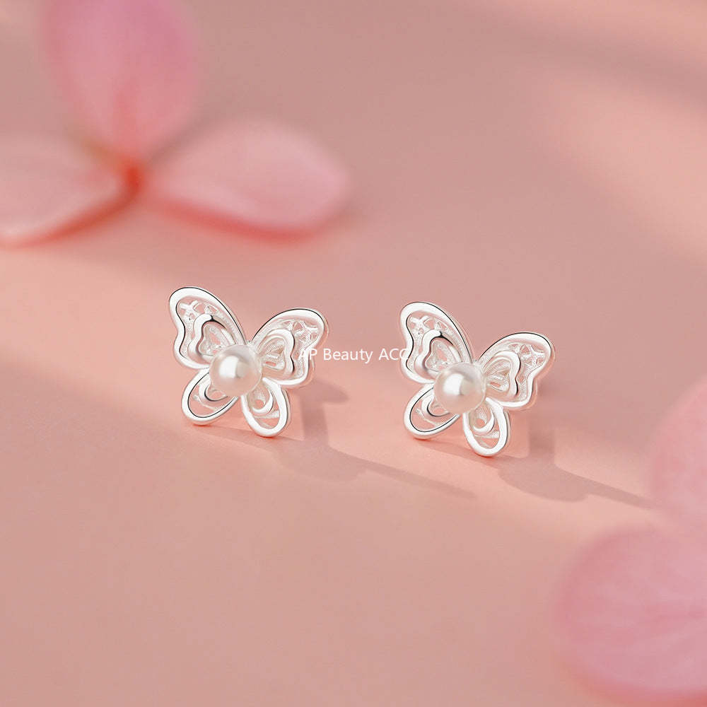 D廠-足銀S999蝴蝶珍珠螺絲耳環精緻韓版個性溫柔森系設計感耳飾「YC6253E_1」25.12-1